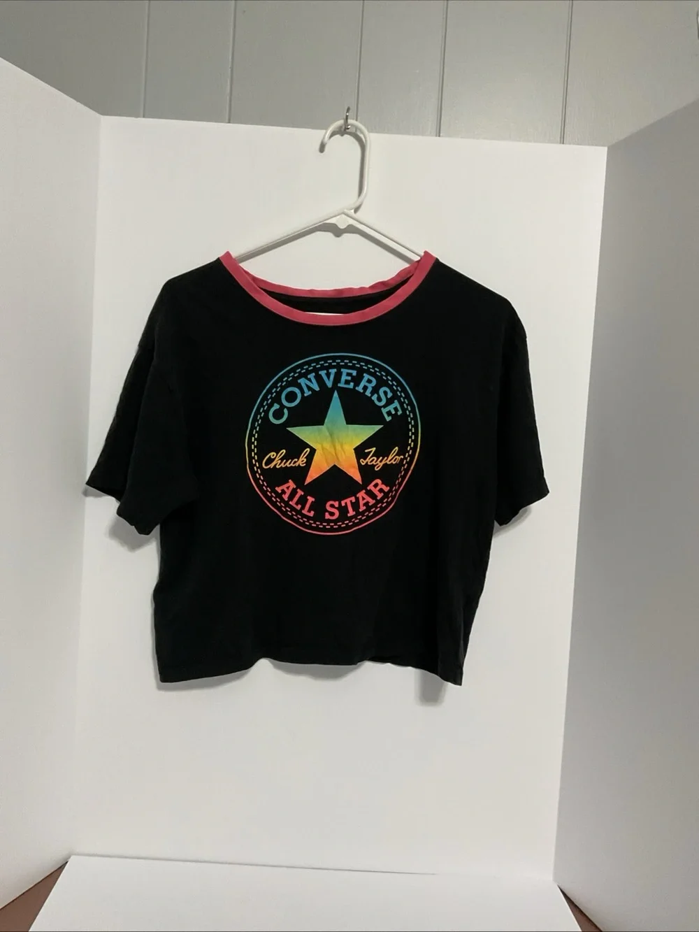 Converse Black Tee with Rainbow Star Logo and Pink Trim